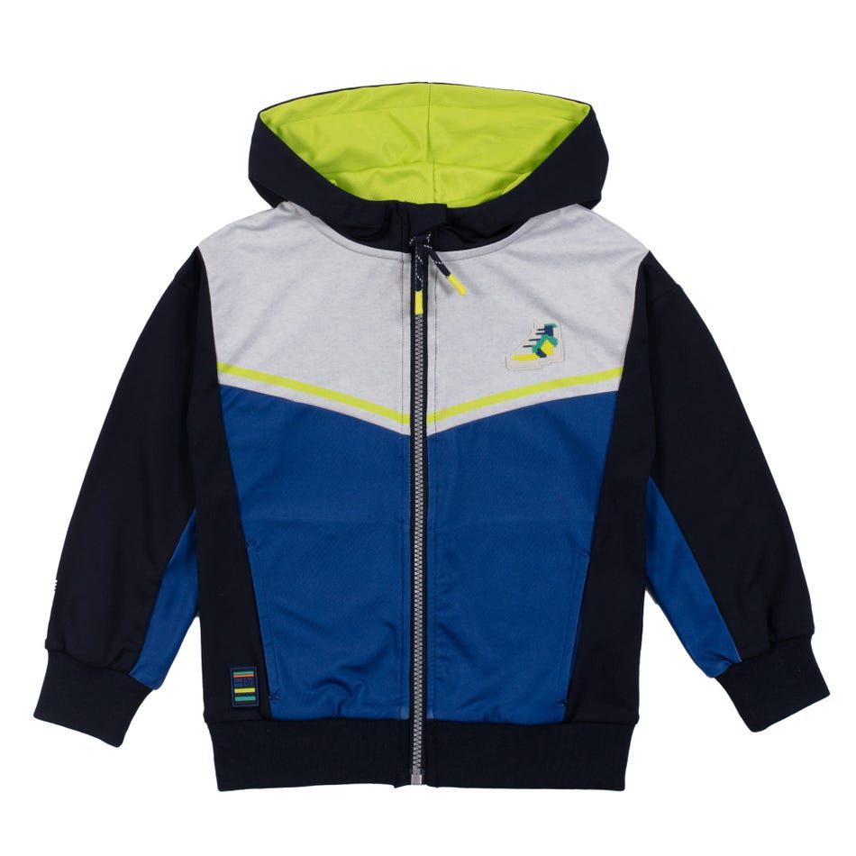 Veste - Nanö en jersey bleu, noir et gris avec capuche vert clair, manches longues, pour garçon, vue de face