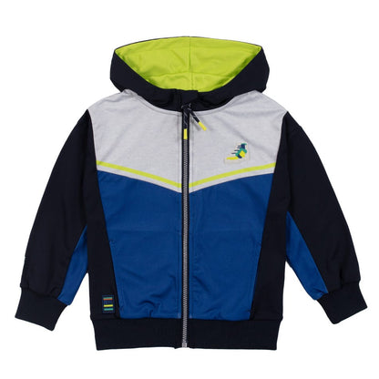 Veste - Nanö en jersey bleu, noir et gris avec capuche vert clair, manches longues, pour garçon, vue de face