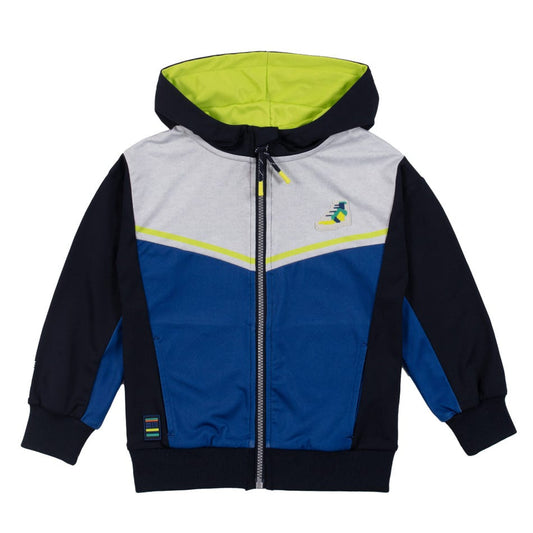 Veste - Nanö en jersey bleu, noir et gris avec capuche vert clair, manches longues, pour garçon, vue de face