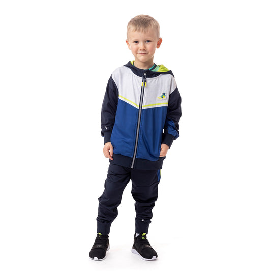 Veste - Nanö bleu, blanc et noir en jersey avec capuche, garçon, porté sur mannequin, vue de face