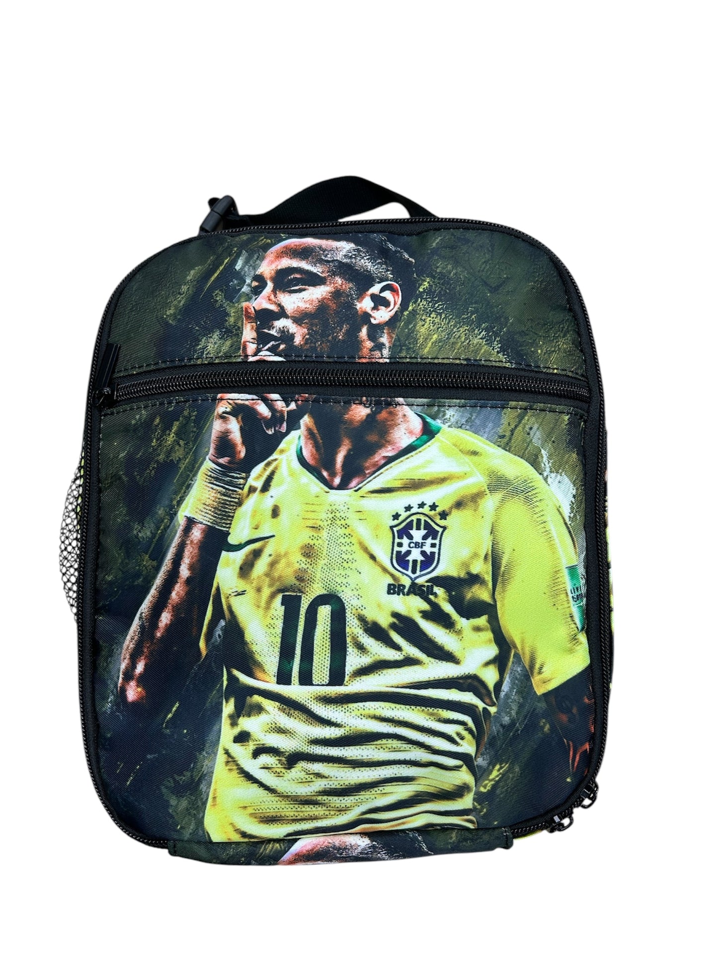 Boite à lunch - Neymar avec illustration joueur en maillot jaune, noir et vert, nylon, pour enfant, vue de face.