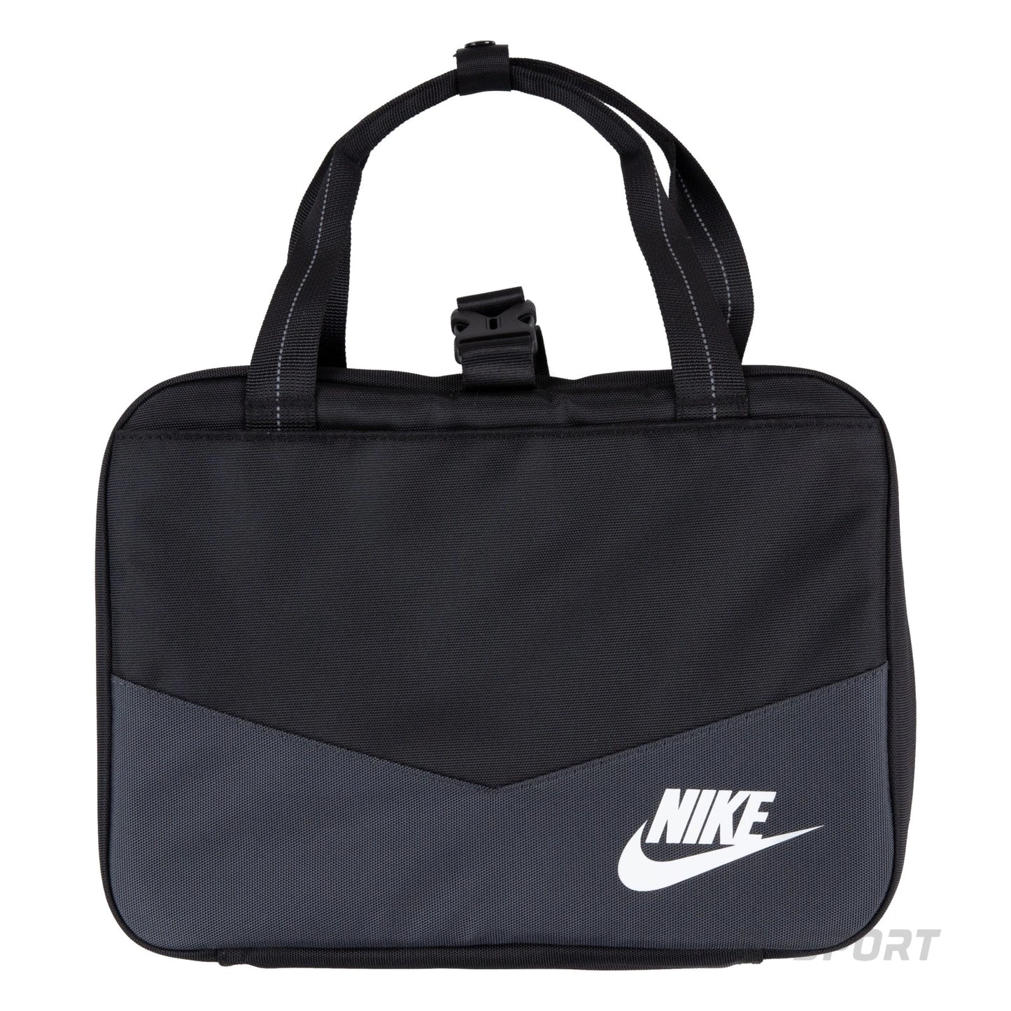 Boite à lunch - Nike en tissu noir et gris avec logo blanc, poignée double, style enfant, vue de face