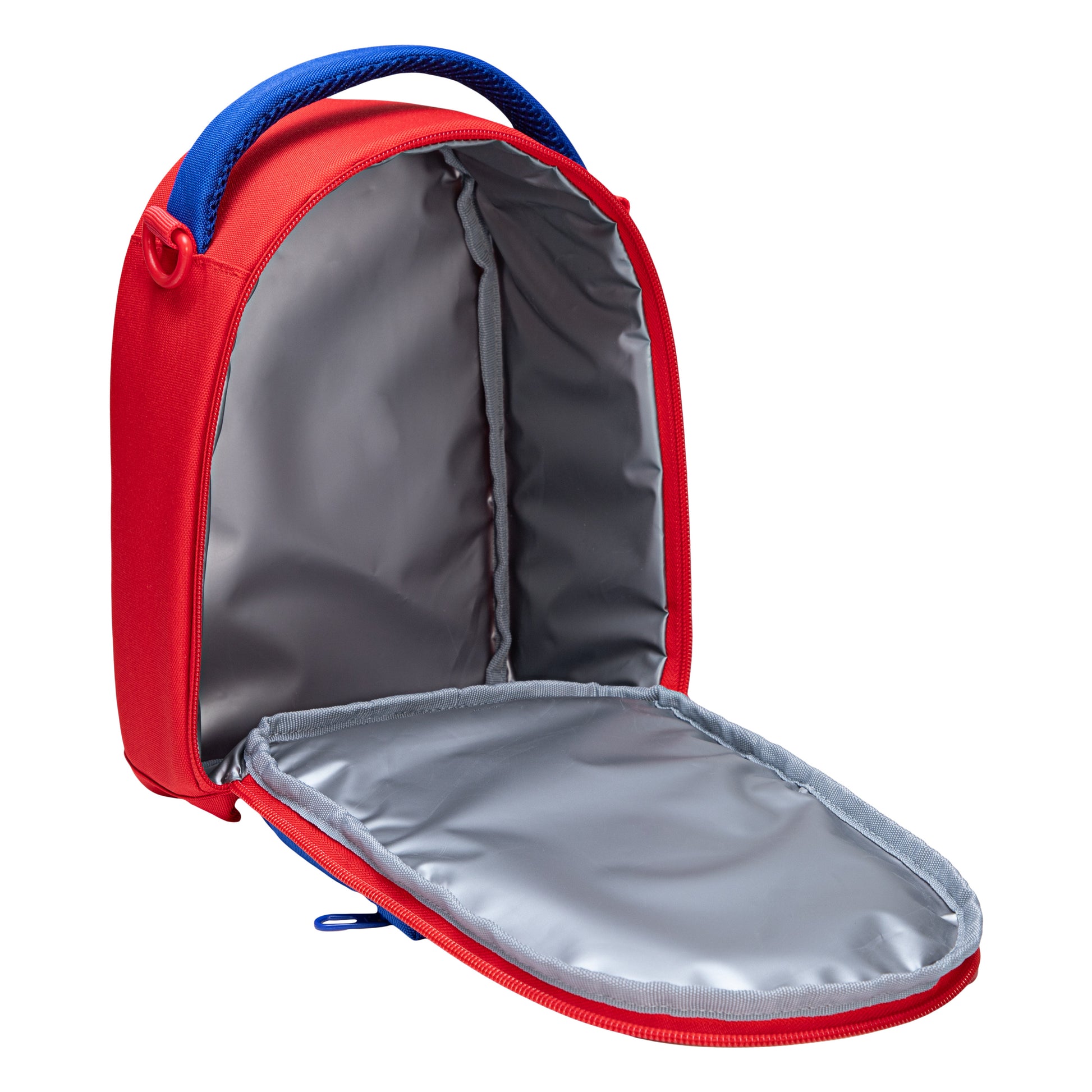 Boite à lunch - Nike rouge et bleu en tissu isolant, intérieur gris argent, compartiment principal ouvert, vue de face.