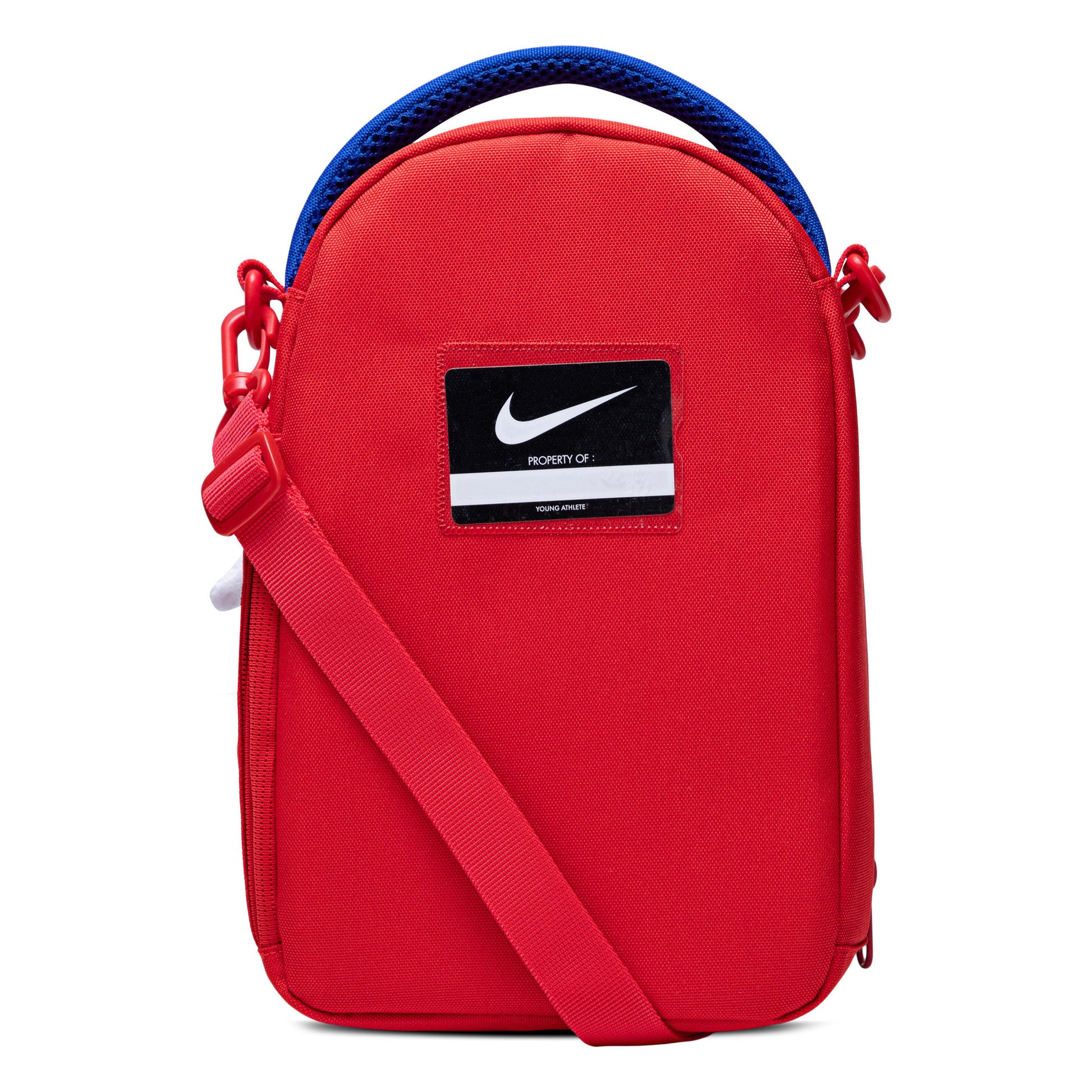 Boite à lunch - Nike rouge avec poignée bleue et bandoulière réglable, design compact en tissu, vue de face
