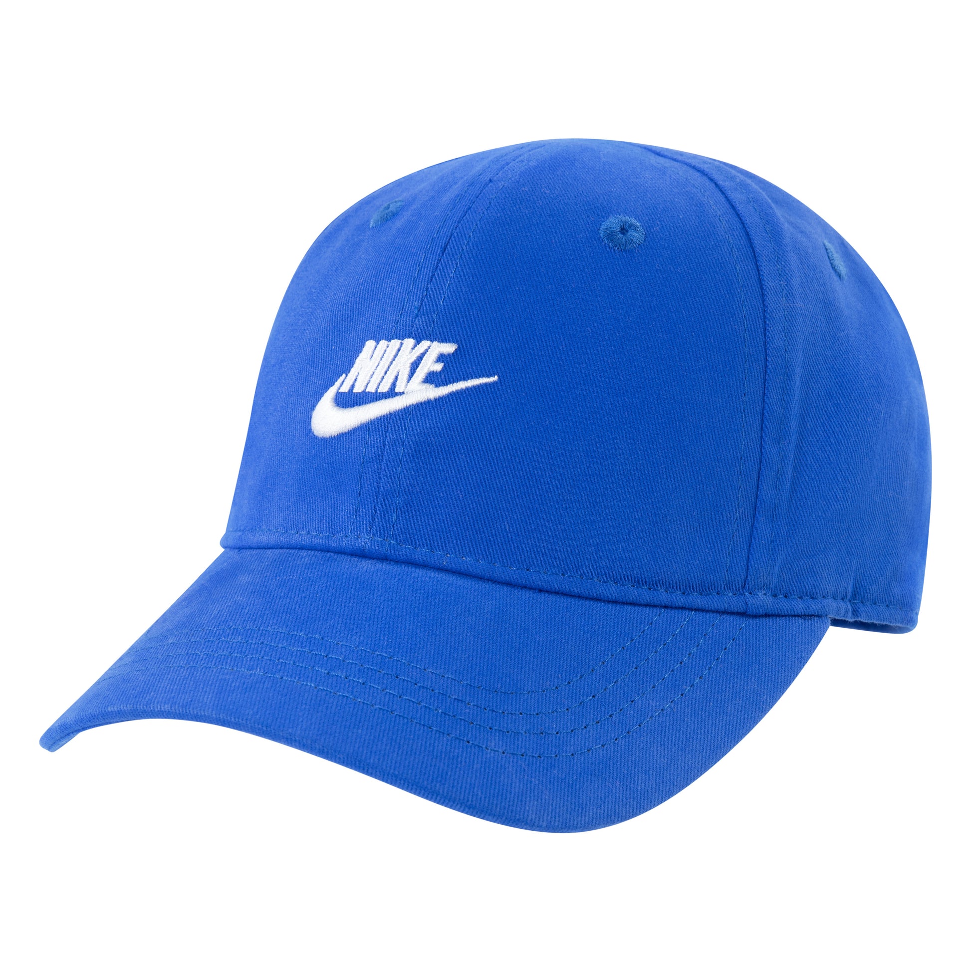 Casquette - Nike bleu électrique en coton ajustable pour garçon, logo blanc brodé, vue de profil avant.