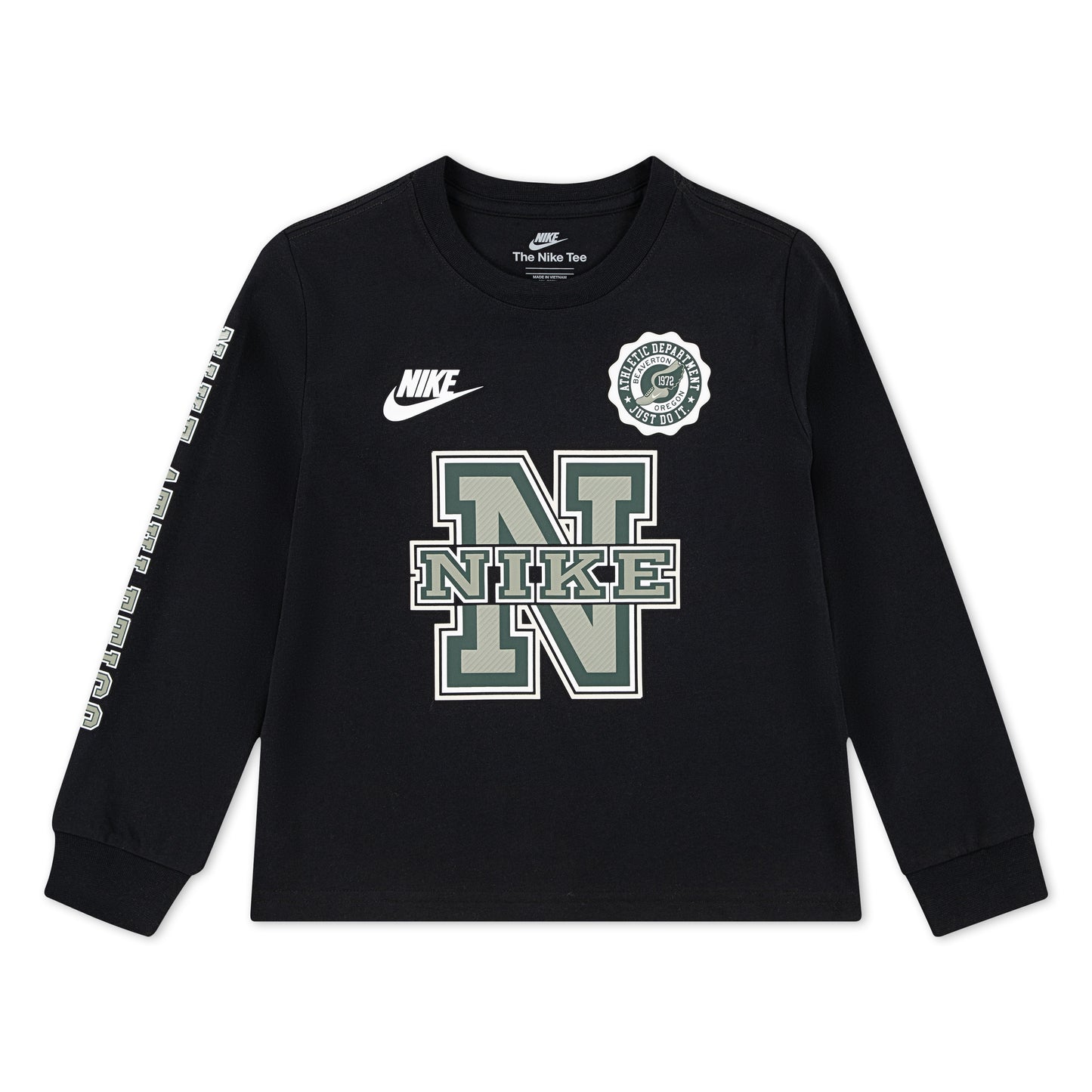 Chandail - Nike noir à manches longues avec logo blanc et vert, coton polyester, pour enfant, vue de face.
