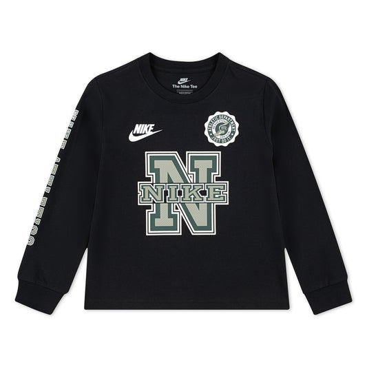 Chandail - Nike noir à manches longues avec logo blanc et vert, coton polyester, pour enfant, vue de face.