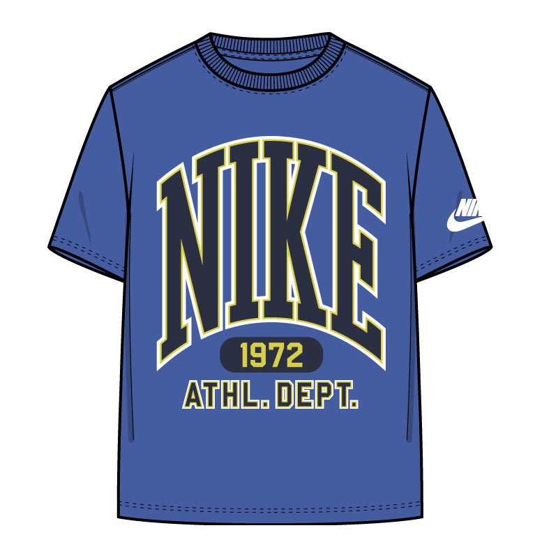T-Shirt - Nike bleu avec logo jaune et blanc devant et manche droite, en coton et polyester, pour garçon, vue de face
