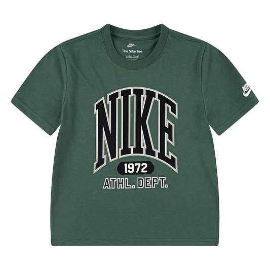 T-Shirt - Nike vert foncé en coton polyester, imprimé logo noir et blanc, style garçon, vue de face.