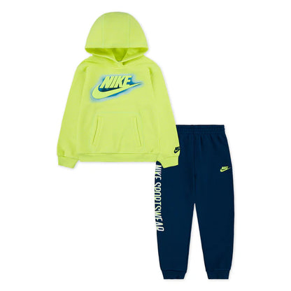 Ensemble - Nike sweat à capuche jaune fluo avec logo bleu, pantalon bleu marine à logo jaune, garçon, vue de face.
