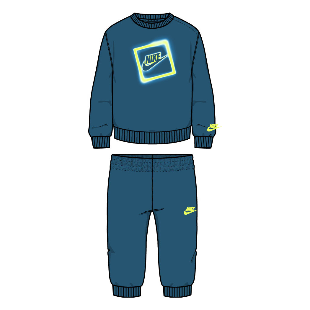 Ensemble - Nike sweat et pantalon bleu avec logo jaune fluo, coton polyester, pour garçon, vue de face