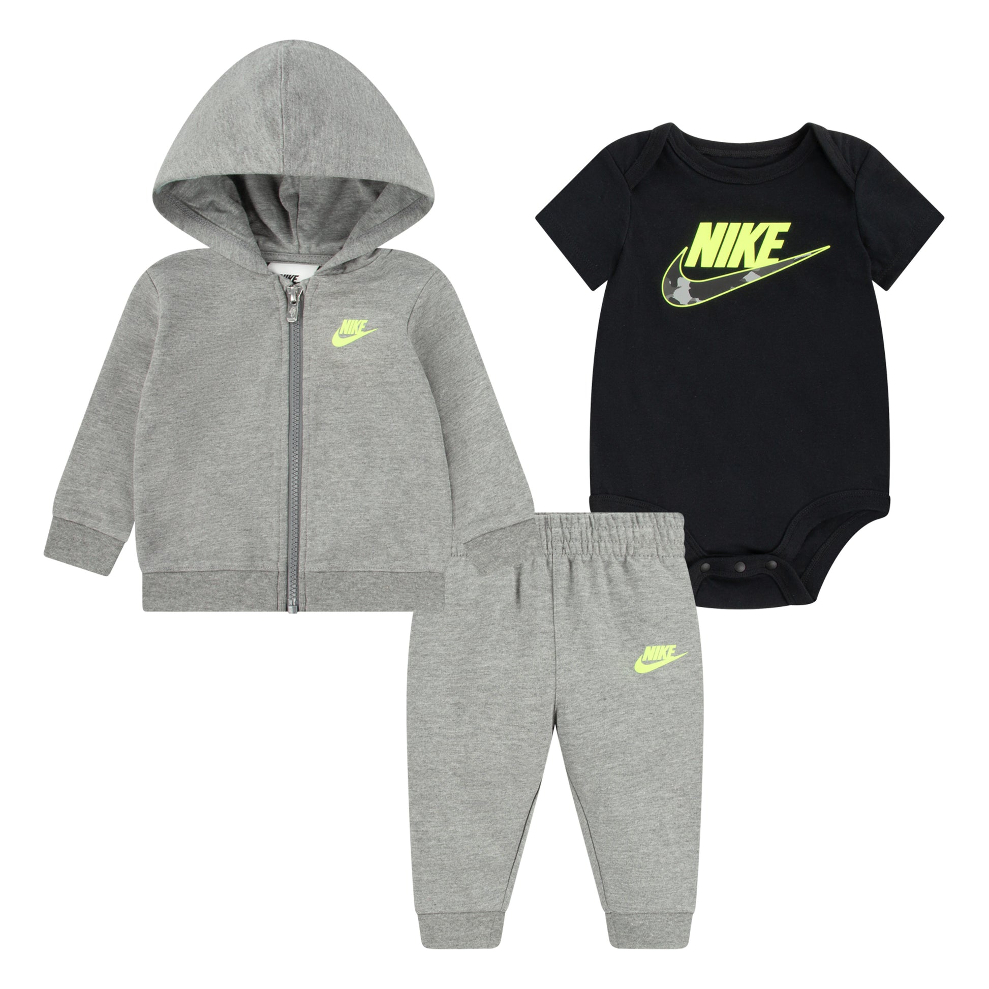 Ensemble 3 Mcx - Nike gris clair et noir en jersey doux, veste à capuche, body manches courtes, pantalon, pour bébé garçon, vue de face