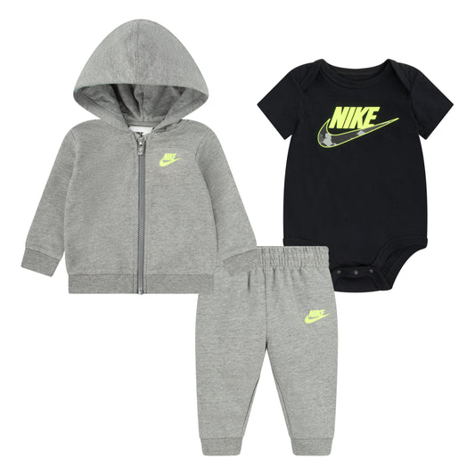 Ensemble 3 Mcx - Nike gris clair et noir en jersey doux, veste à capuche, body manches courtes, pantalon, pour bébé garçon, vue de face