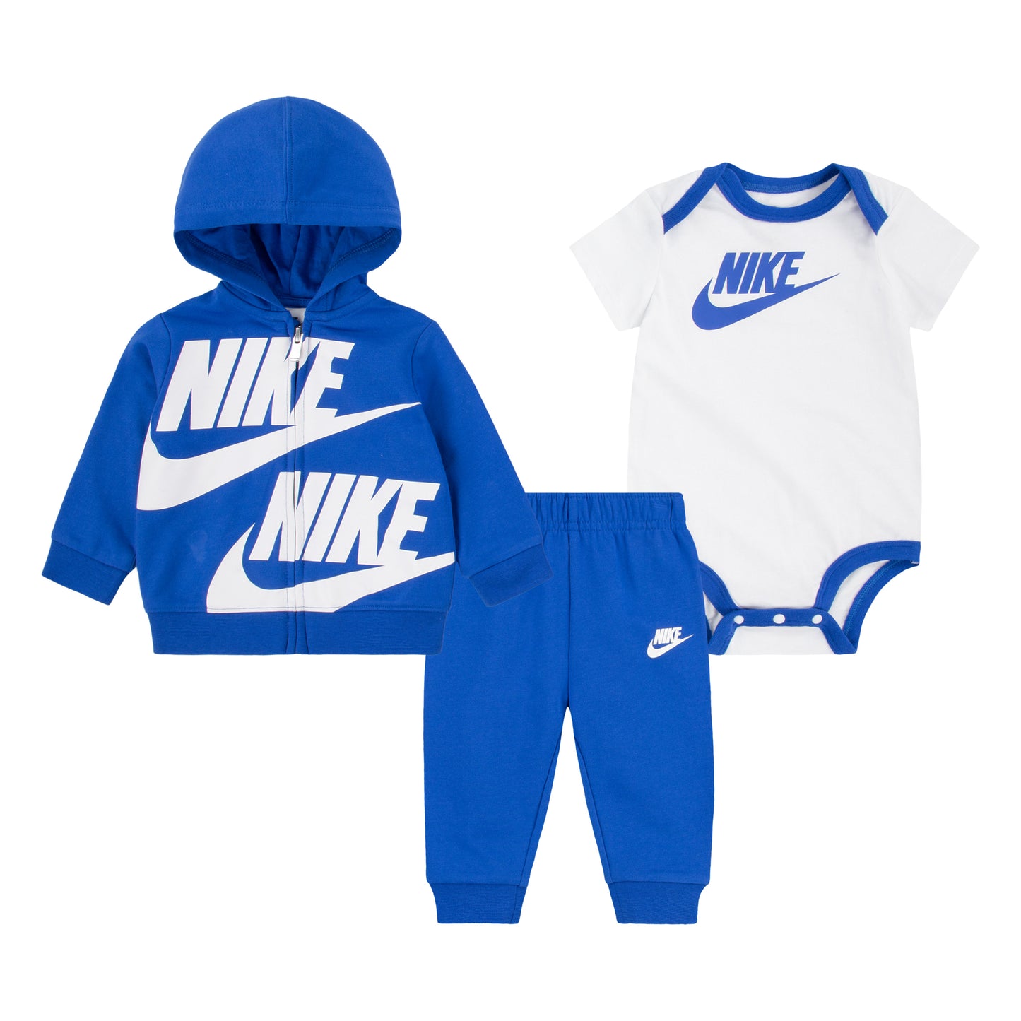 Ensemble 3 mcx - Nike bleu et blanc en coton, sweat à capuche, pantalon et body, pour garçon bébé, vue de face.