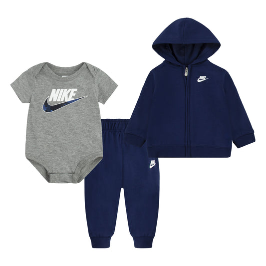 Ensemble 3 mcx - Nike bébé garçon, body gris en coton, pantalon et veste à capuche bleu marine, vue de face.