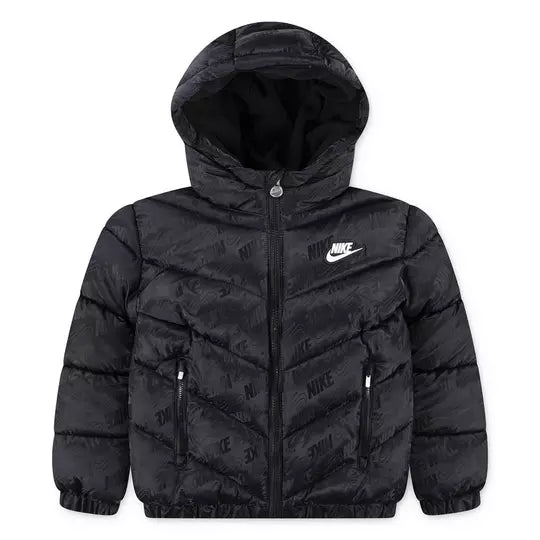 Manteau Mi-Saison - Nike noir matelassé en nylon avec capuchon et poches zippées, pour enfant, vue de face