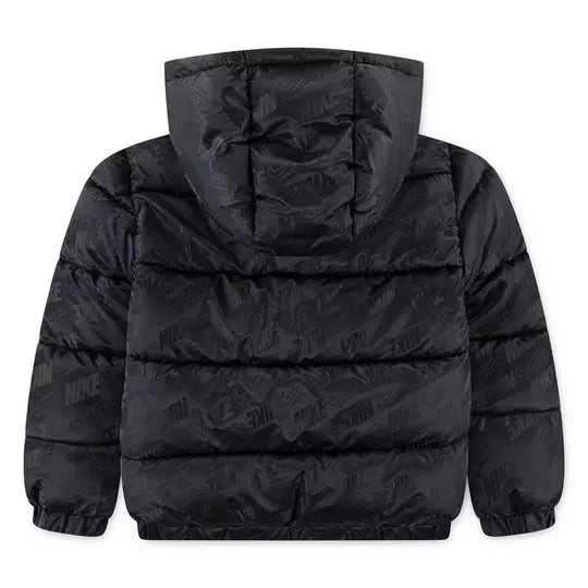Manteau Mi-Saison - Nike noir matelassé avec capuchon, tissu nylon et motifs ton sur ton, pour enfant, vue de dos