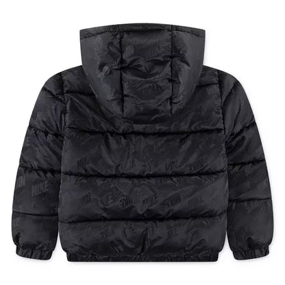 Manteau Mi-Saison - Nike noir matelassé avec capuchon, tissu nylon et motifs ton sur ton, pour enfant, vue de dos