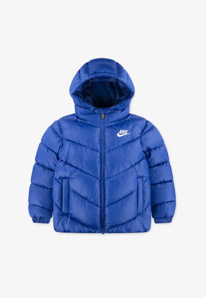 Manteau Mi-Saison - Nike bleu électrique en tissu matelassé avec capuche, isolation légère, pour enfant, vue de face.