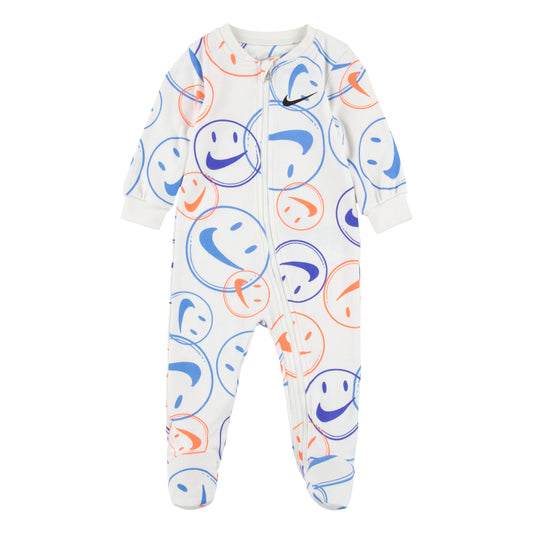 Pyjama - Nike combinaison coton blanche imprimé smiley bleu et orange, fermeture éclair, manches longues, pour bébé, vue de face