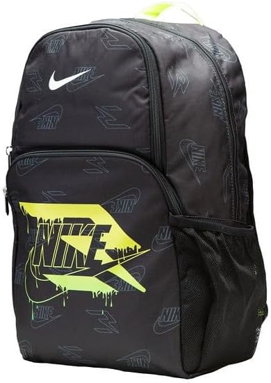 Sac à dos - Nike noir avec logo jaune et blanc, imprimé motifs Nike, compartiments multiples, vue de profil droit.