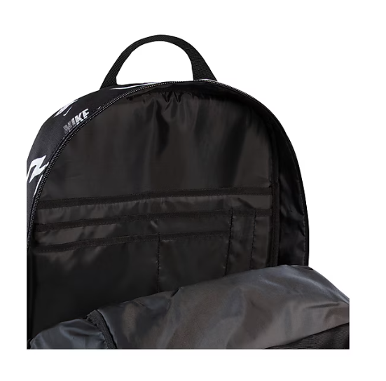 Sac à dos - Nike noir en polyester avec compartiments intérieurs organisés, vue détail intérieur ouvert.