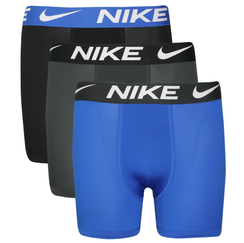 3 paires de boxer - Nike bleu, gris et noir avec ceinture logo blanc, microfibres, garçon, vue de face, style boxeur.