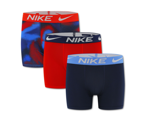 Paquet de 3 boxers - Nike en tissu extensible, couleurs bleu marine, rouge uni et motif bleu rouge, vue de face.