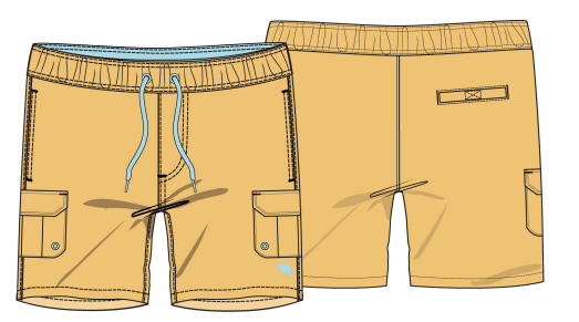 Maillot de bain - Northcoast short jaune sable avec cordon bleu ciel et poches latérales, garçon, vue de face et dos