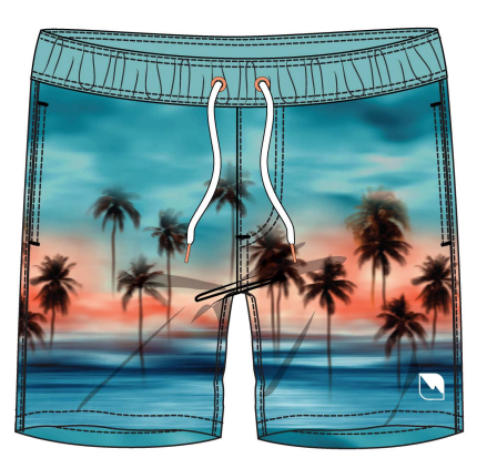 Maillot de bain - Northcoast garçon bleu avec motif palmiers noir et coucher de soleil, taille ajustable, vue de face.