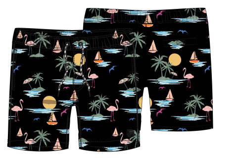 Maillot de bain - Northcoast noir avec motifs flamants roses, palmiers verts et bateaux orange, taille ajustable, garçon, vue de face et dos