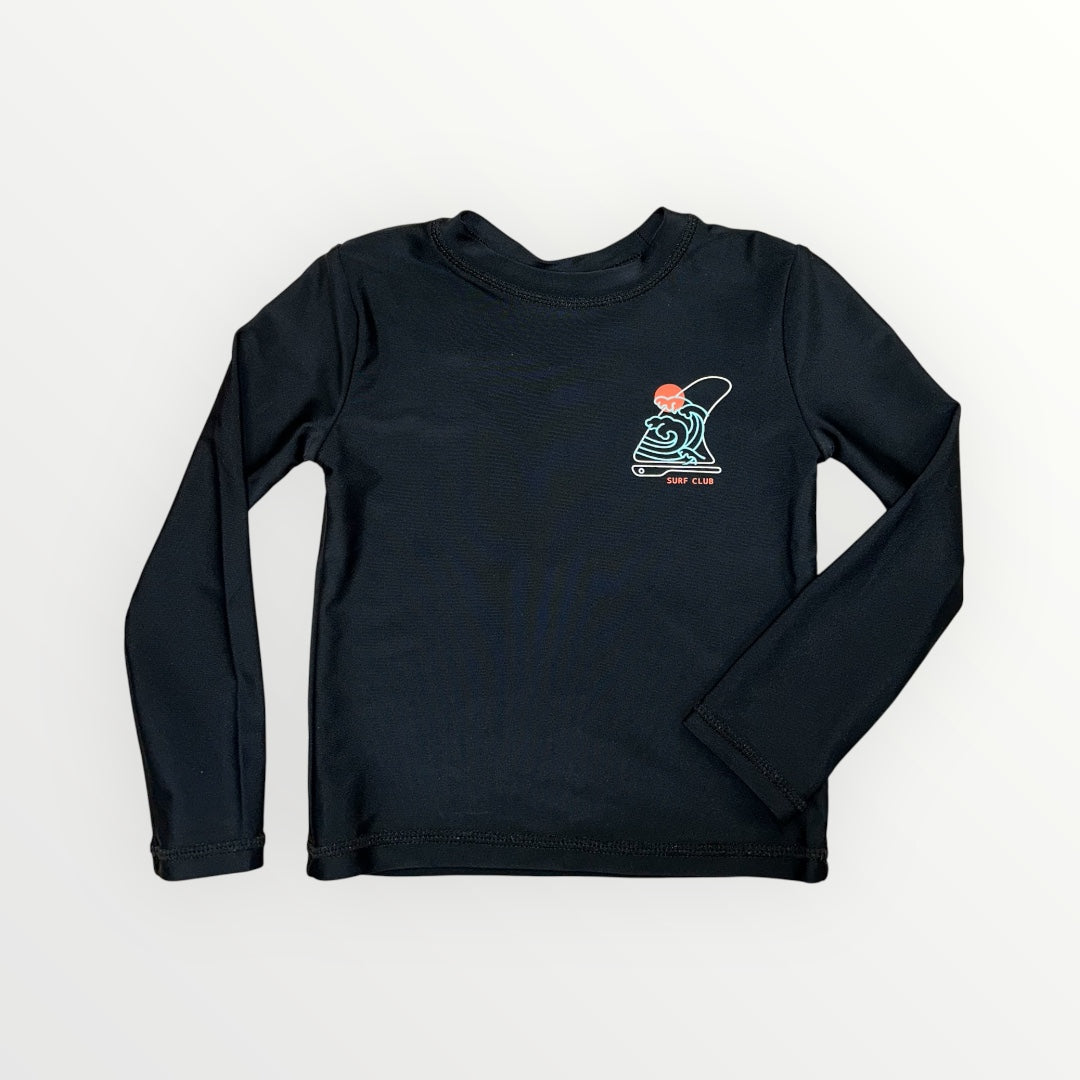 Chandail U.V. - Northcoast noir à manches longues avec motif surf orange et bleu, protection UV 50, pour garçon, vue de face.