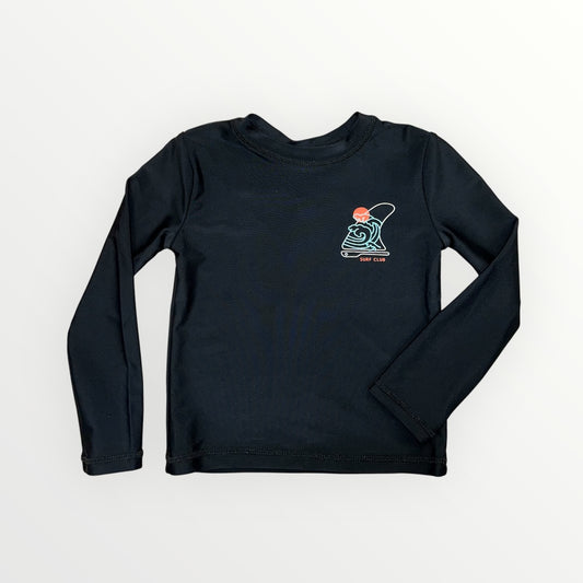 Chandail U.V. - Northcoast noir à manches longues avec motif surf orange et bleu, protection UV 50, pour garçon, vue de face.