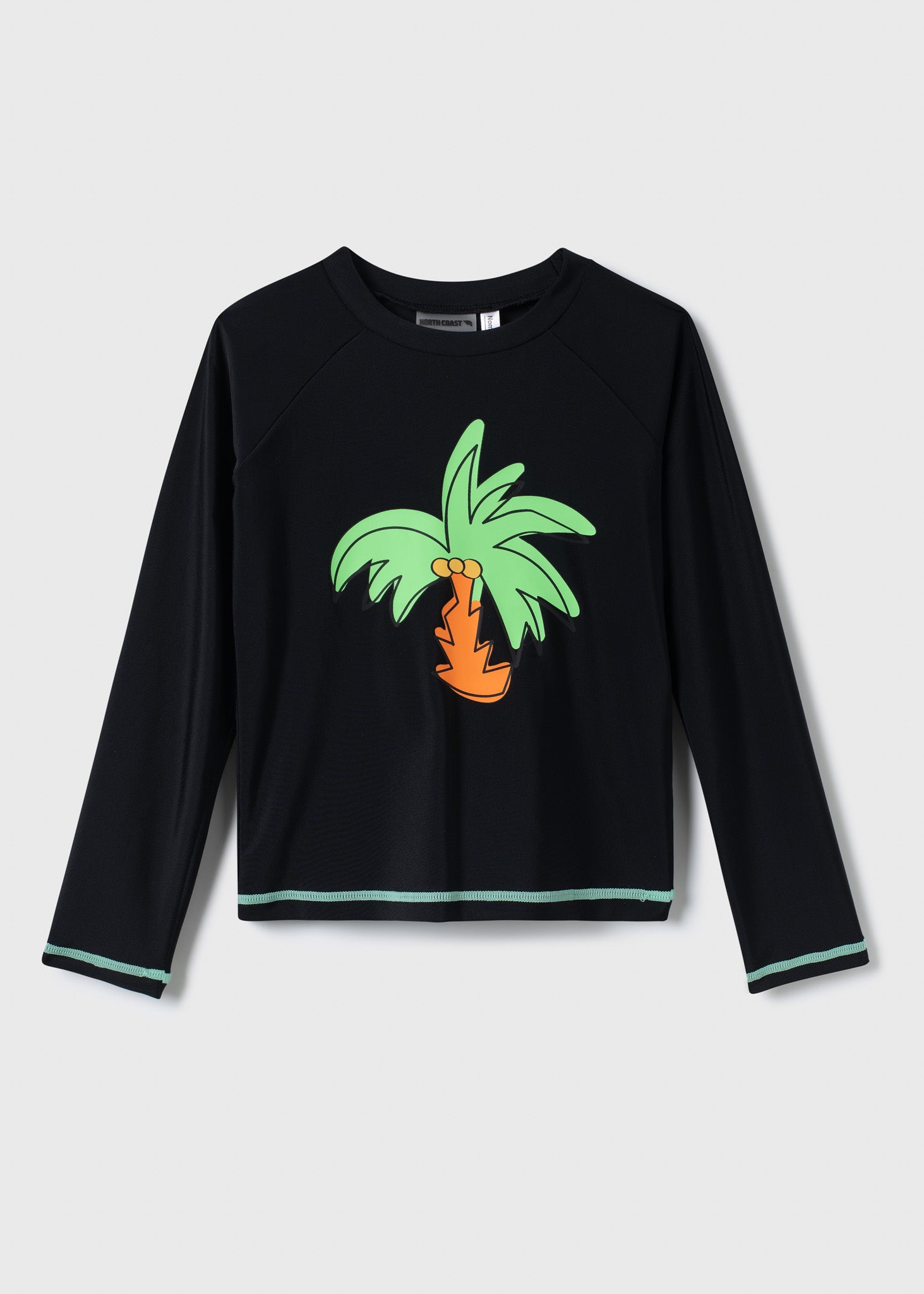 Chandail U.V - Northcoast noir manches longues avec motif palmier vert et orange, pour garçon, vue de face.