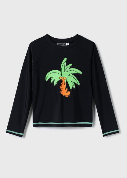 Chandail U.V - Northcoast noir manches longues avec motif palmier vert et orange, pour garçon, vue de face.