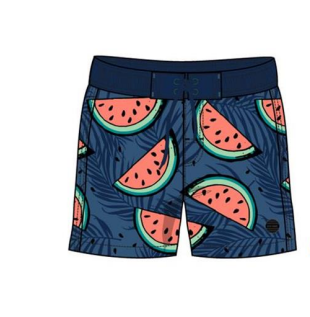 Maillot de bain - Northcoast short bleu marine avec motifs tranches de pastèque rouges et vertes, porté enfant, vue de face