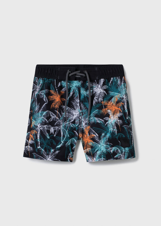 Maillot de bain - Northcoast short noir avec motifs palmiers orange et bleu, culotte-filet intérieure, vue de face.