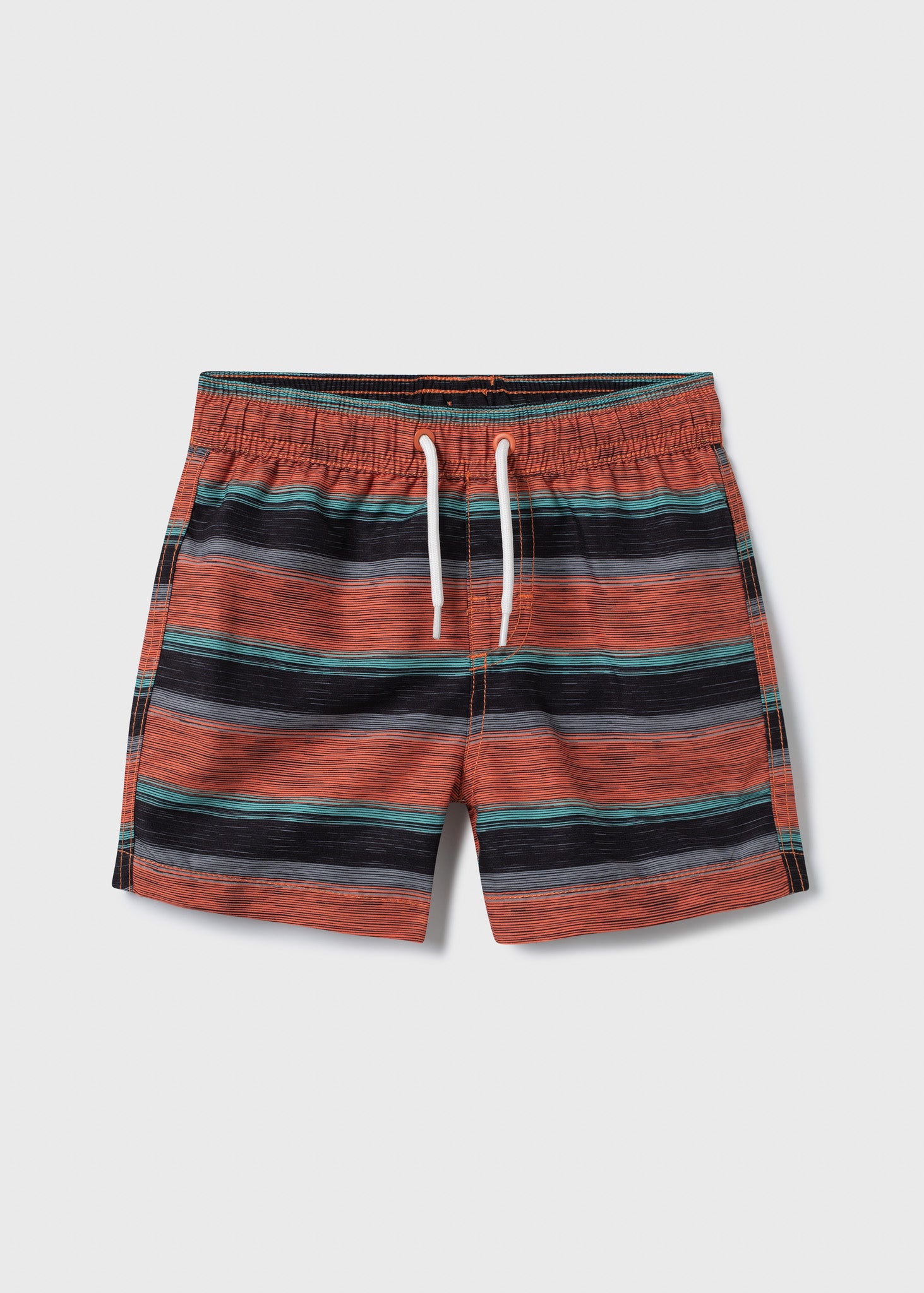 Maillot de bain - Northcoast culotte filet rayée orange, noir et vert, garçon, vue de face sur fond gris.