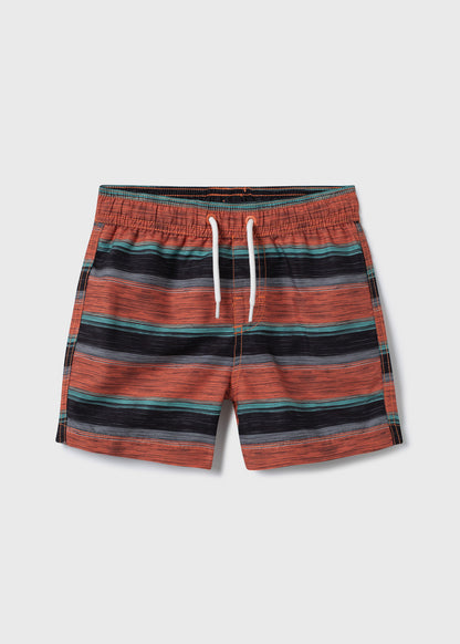 Maillot de bain - Northcoast culotte filet rayée orange, noir et vert, garçon, vue de face sur fond gris.