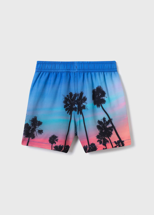 Maillot de bain - Northcoast short bleu et rose dégradé avec palmiers noirs imprimés, vue de dos, taille enfant garçon.