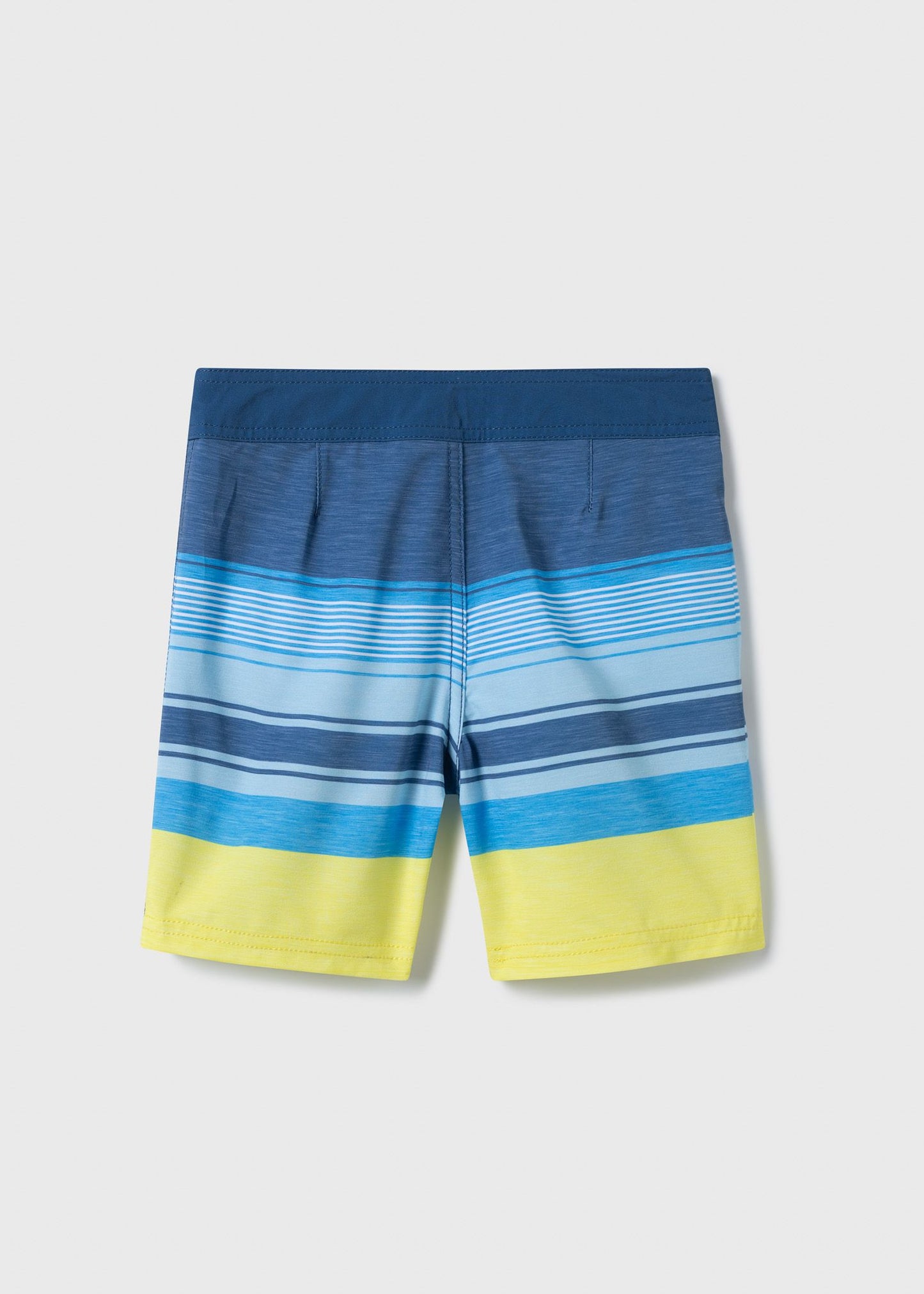 Maillot de bain - Northcoast garçon rayé bleu, jaune et marine, ajustable avec filet, vue de dos.