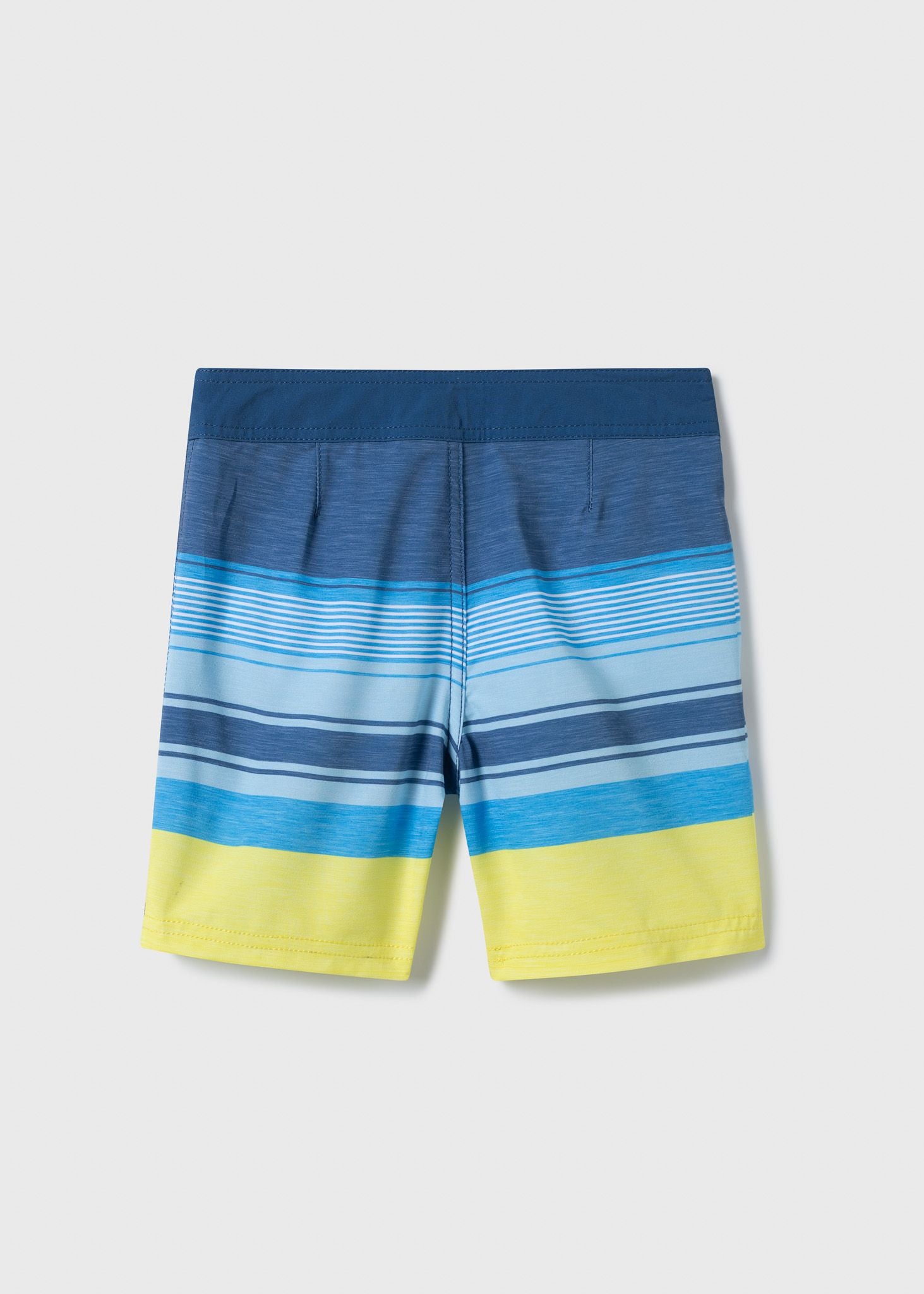 Maillot de bain - Northcoast garçon rayé bleu, jaune et marine, ajustable avec filet, vue de dos.