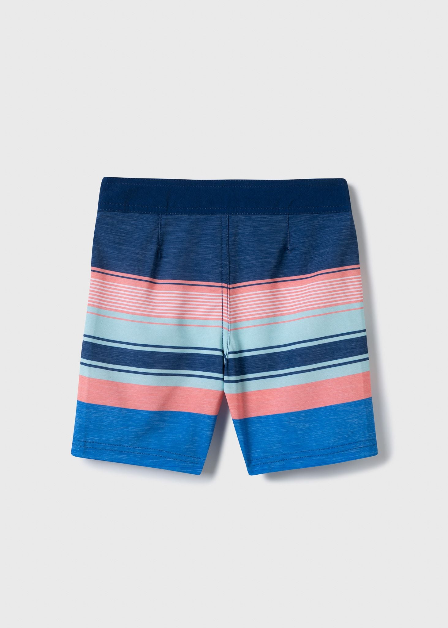 Maillot de bain - Northcoast short garçon rayé bleu marine, bleu clair et corail, vue de dos ajustable avec filet