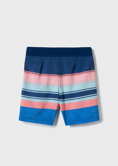 Maillot de bain - Northcoast short garçon rayé bleu marine, bleu clair et corail, vue de dos ajustable avec filet