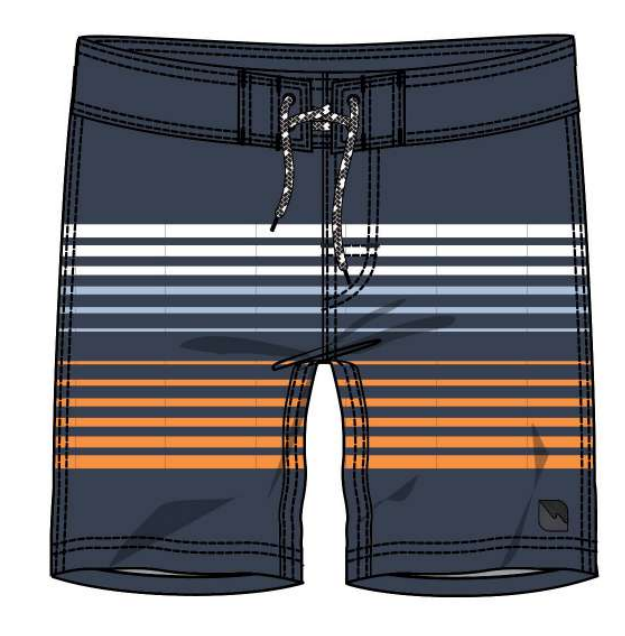 Maillot de bain - Northcoast bleu marine avec rayures blanches et orange, taille ajustable, filet intérieur, pour garçon, vue de face.