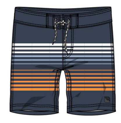 Maillot de bain - Northcoast bleu marine avec rayures blanches et orange, taille ajustable, filet intérieur, pour garçon, vue de face.