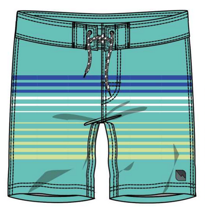 Maillot de bain - Northcoast bleu turquoise et rayé blanc, bleu et jaune, taille ajustable, filet intérieur, pour garçon, vue de face.