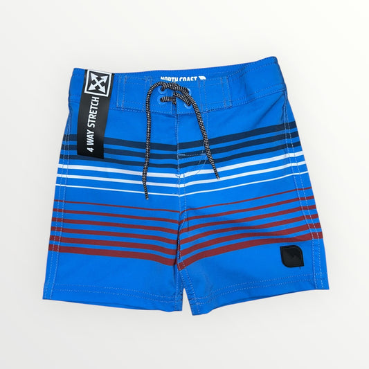 Maillot de bain - Northcoast bleu avec rayures noires, blanches et rouges, taille ajustable, filet intérieur, pour garçon, vue de face