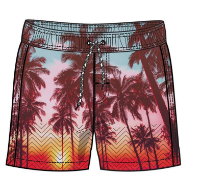 Maillot de bain - Northcoast short garçon imprimé palmiers rouges et noirs avec taille ajustable, vue de face