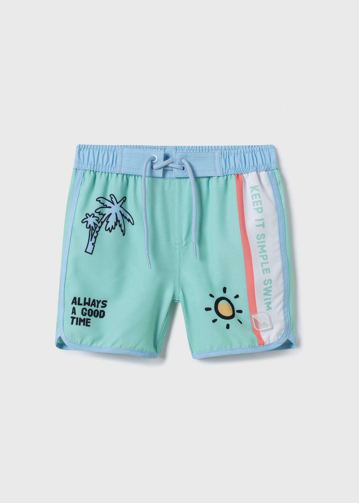 Maillot de bain - Northcoast short turquoise avec motifs soleil et palmier, bande blanche et orange, pour garçon, vue de face